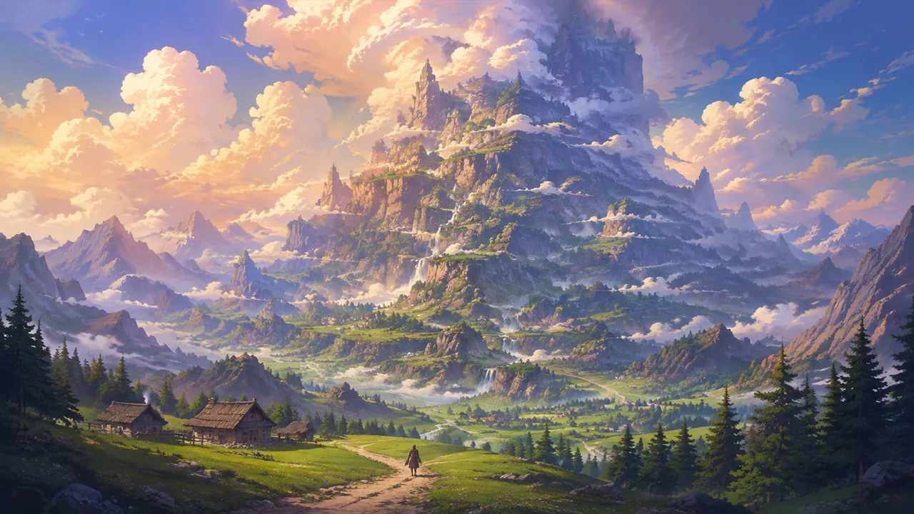 A floating fantasy city above the clouds at sunset.